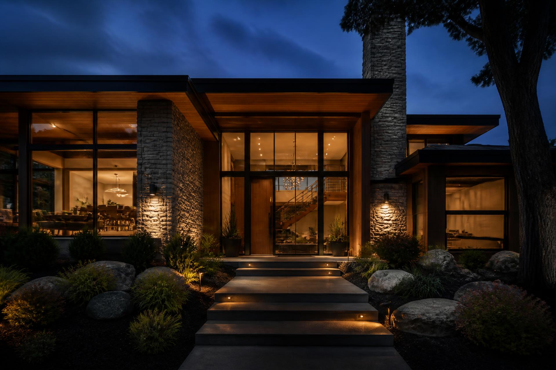 Luxury custom home in Toronto at dusk with warm lit interiors, built by CONHECT