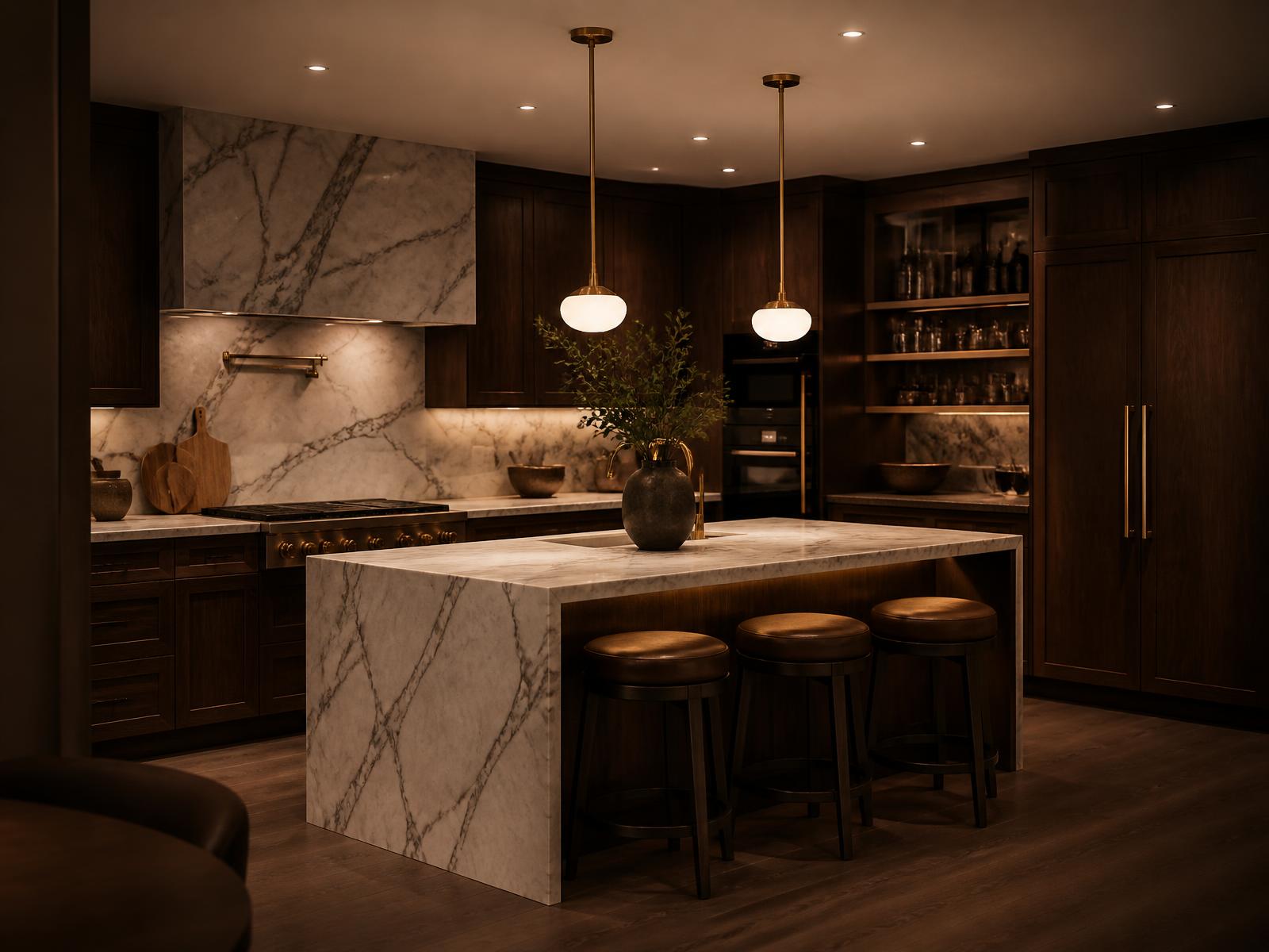 Warm modern kitchen renovation in Mississauga with dark walnut cabinetry and marble island