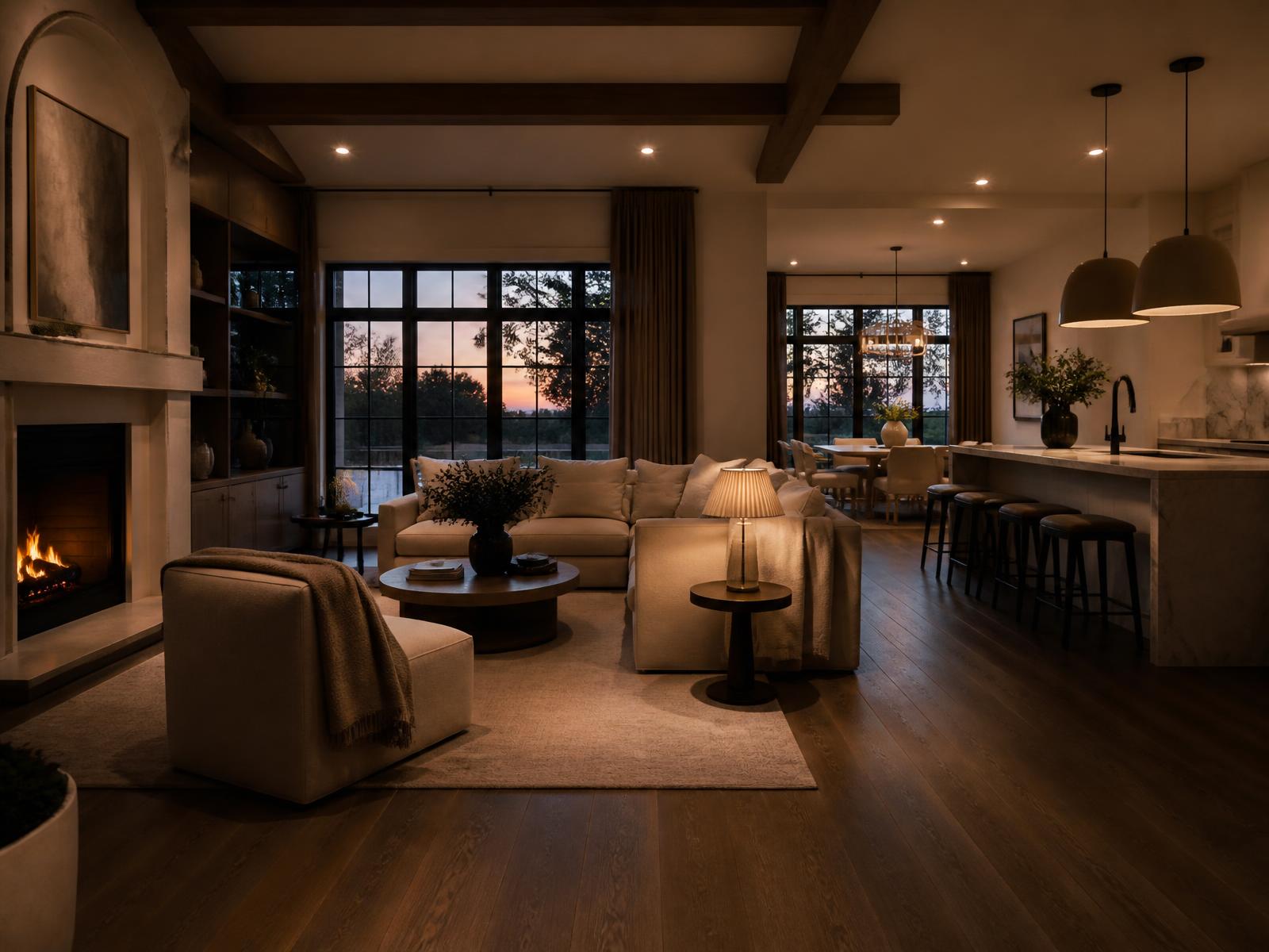 Open-concept whole-home renovation in Toronto with fireplace, oak floors and dusk light